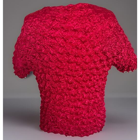 Vtg F C Red Crinkle Pleated Stretch Top 3/4 Sleeve One Size Fits Most Boho Chic - Picture 2 of 2